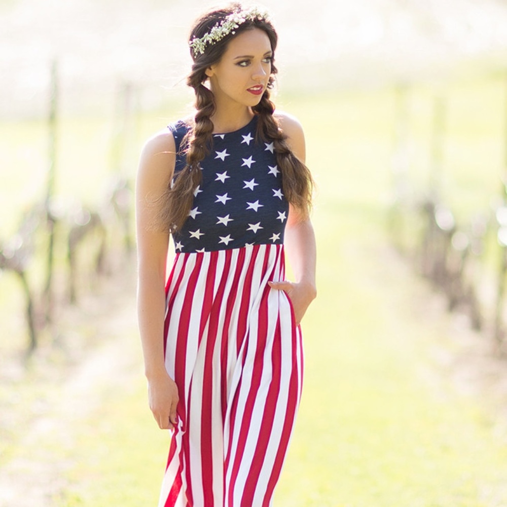 USA Stars Stripes American Flag Maxi Dress - Picture 1 of 8